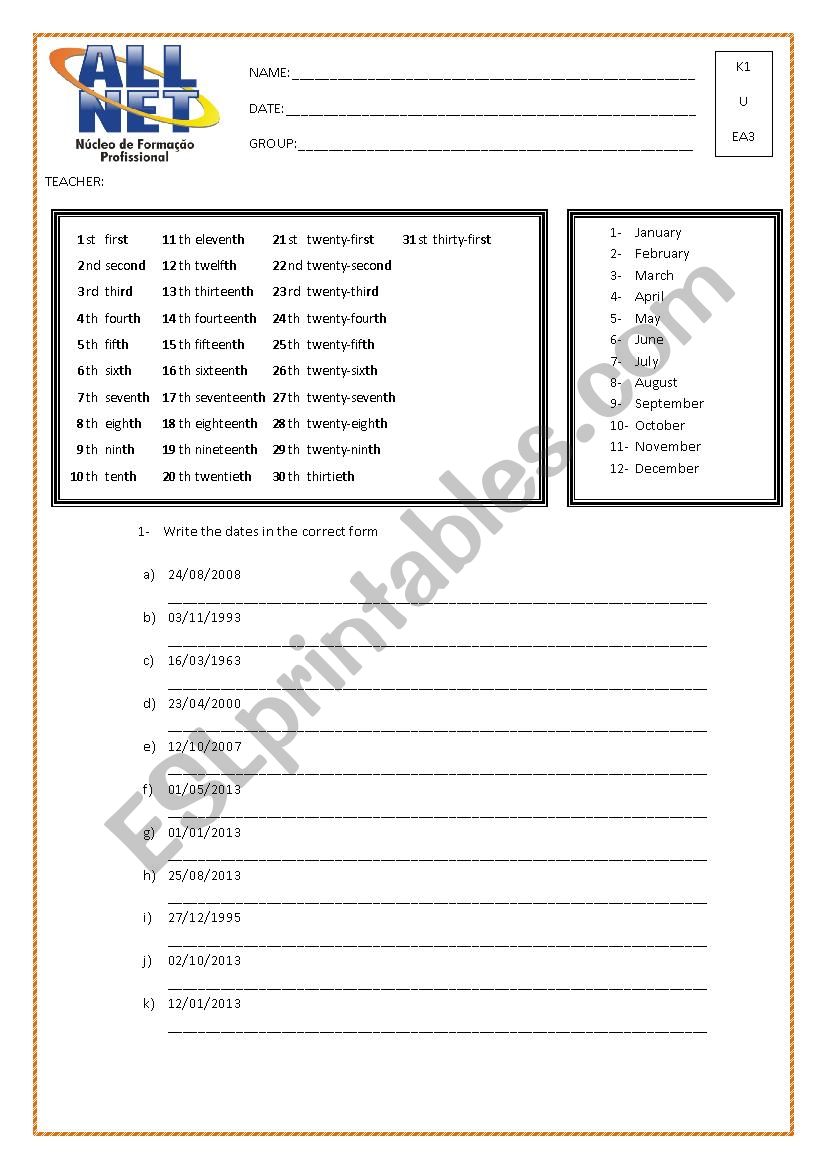 Dates worksheet