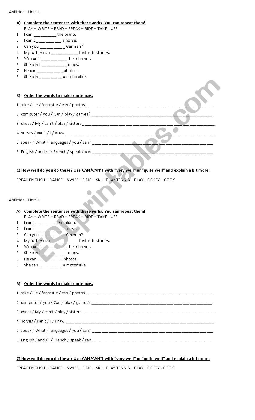 Abilities -  Quick review worksheet
