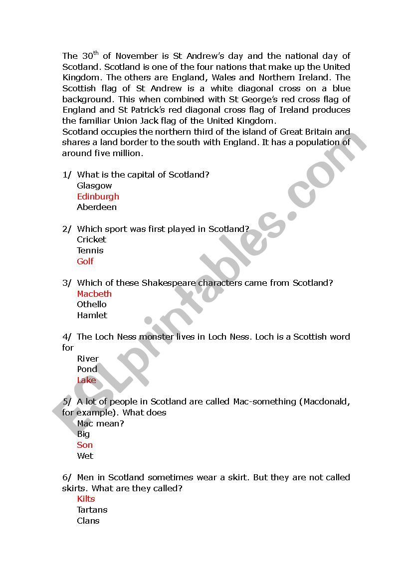 St Andrews Day worksheet