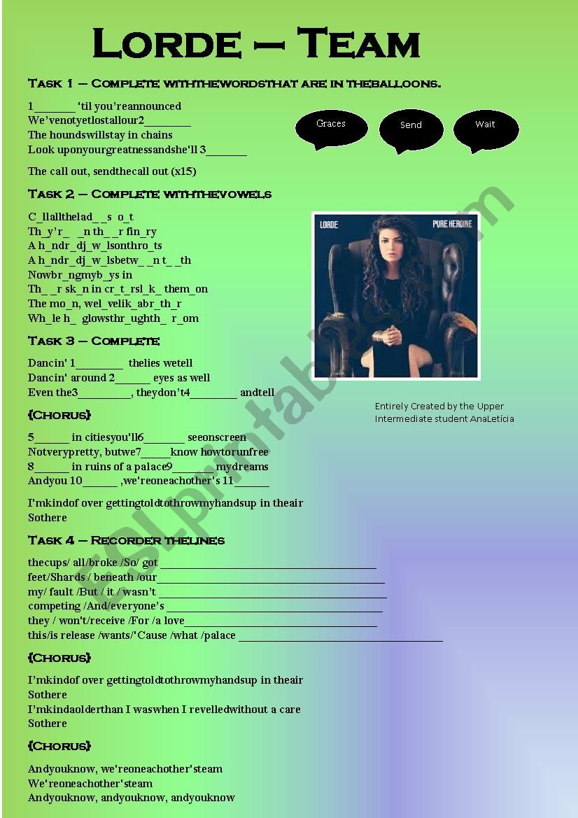 Lorde - Team worksheet