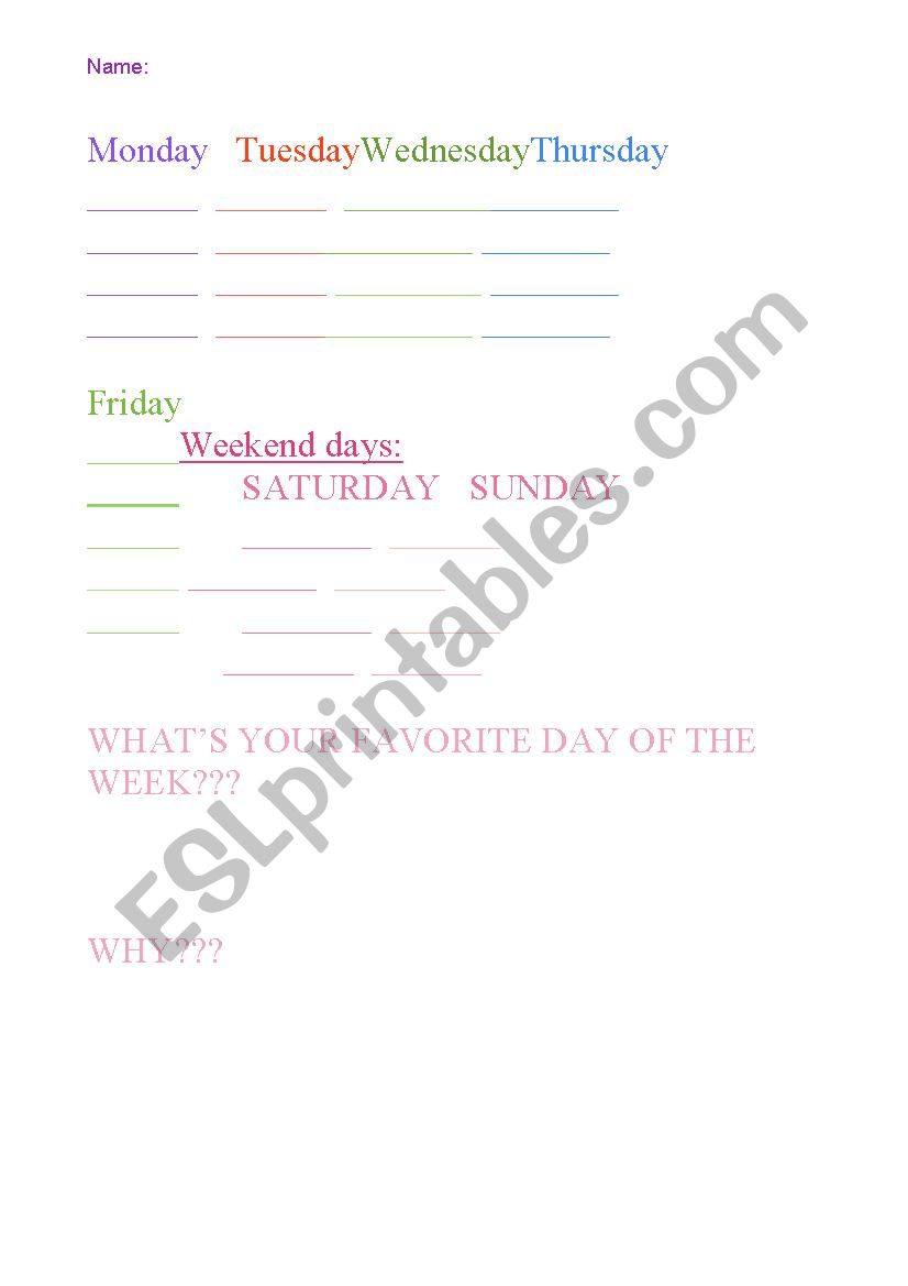 WRITING DAYS OF THE WEEK worksheet