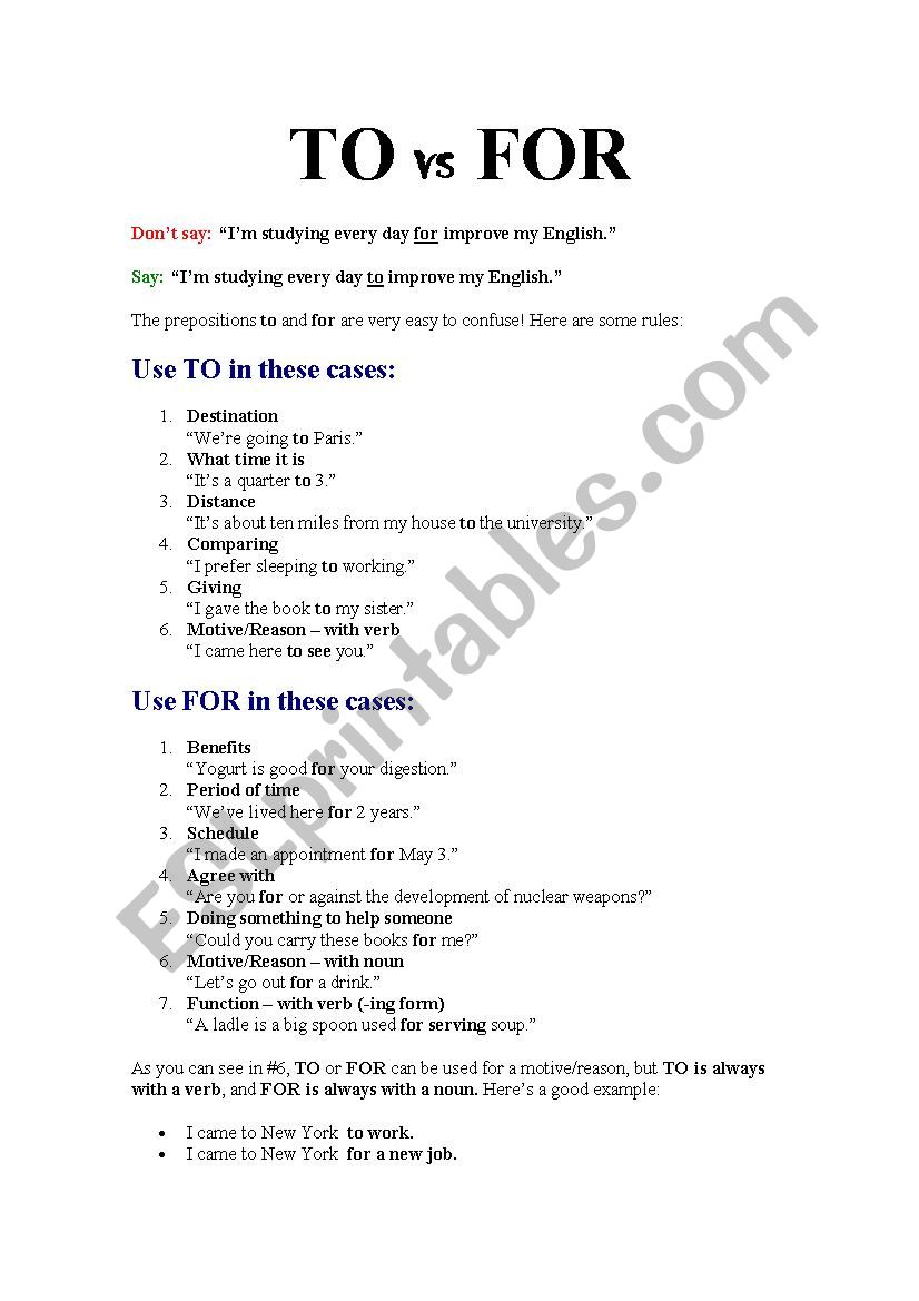 TO versus FOR worksheet