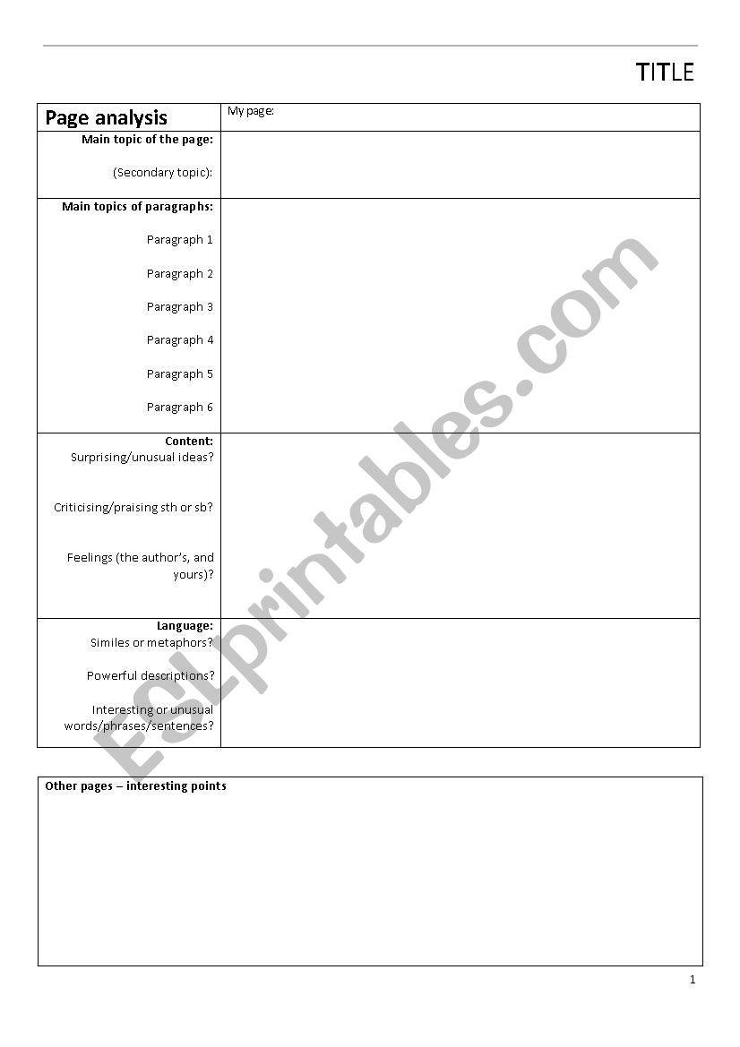 Short Story Analysis Worksheet: Page and Paragraph Focus