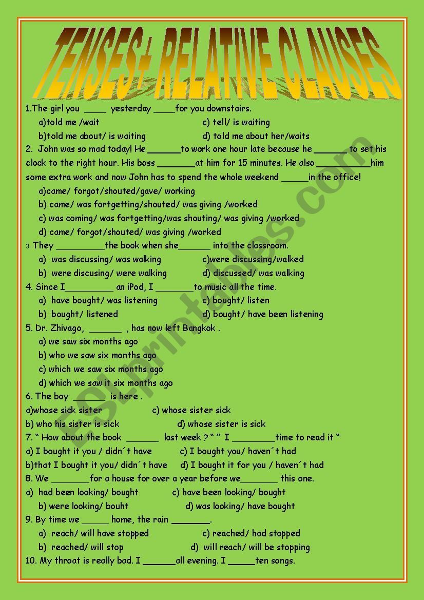 mulitple choices for tenses and relative clauses.