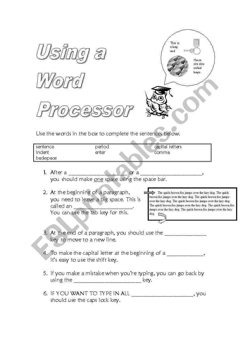 Using a Word Processor worksheet