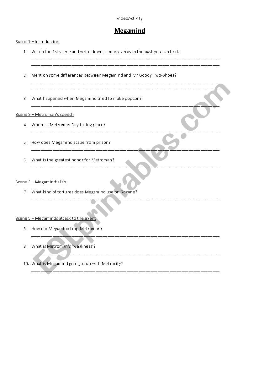 Video Activity - Megamind worksheet