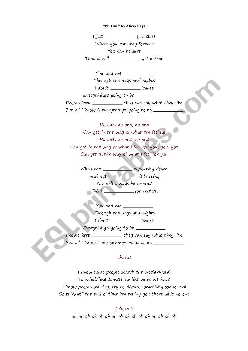 No one  by Alicia Keys worksheet