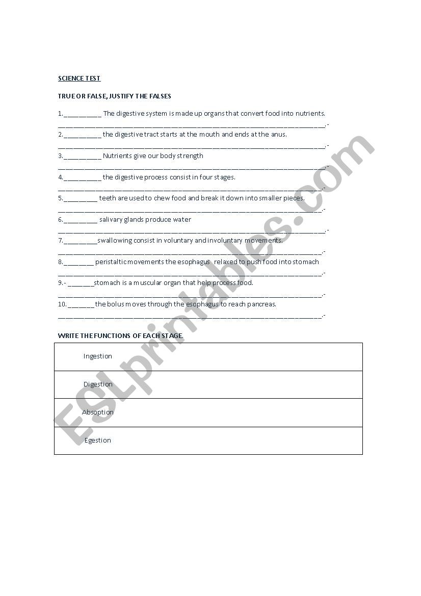 Science test worksheet