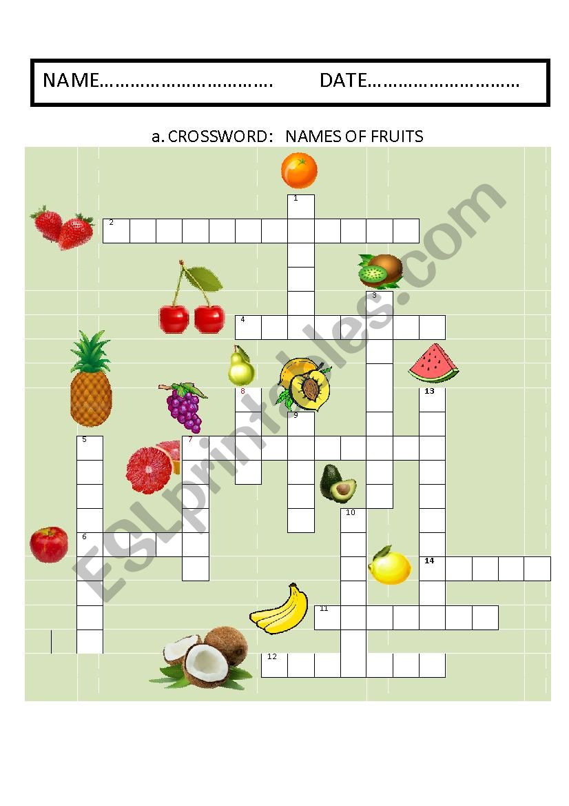 Fruits crossword worksheet