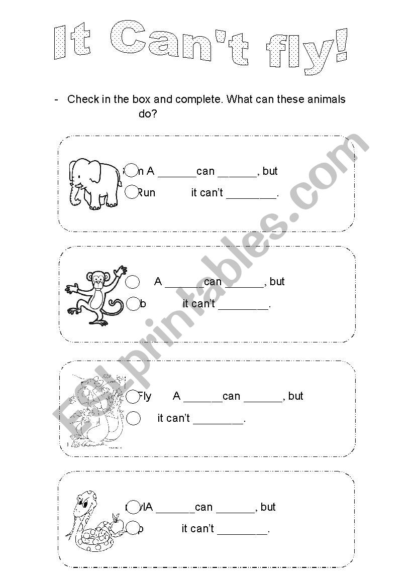 Can not with animals worksheet