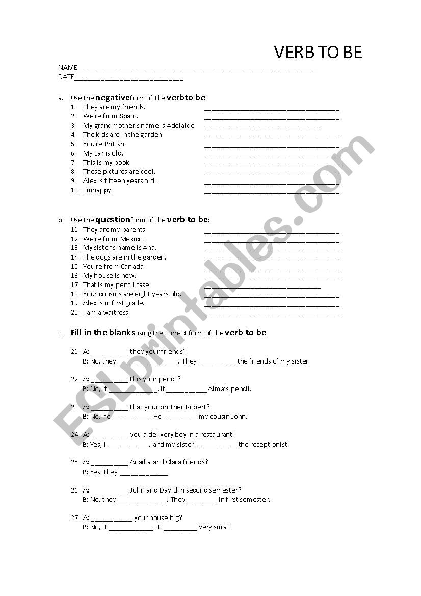 Verb to be exercises worksheet