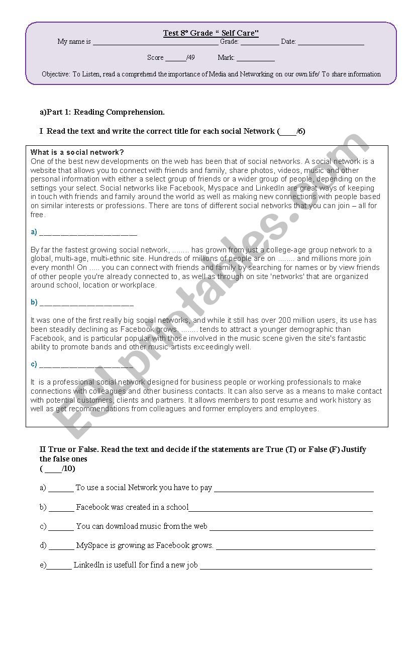 social networks worksheet