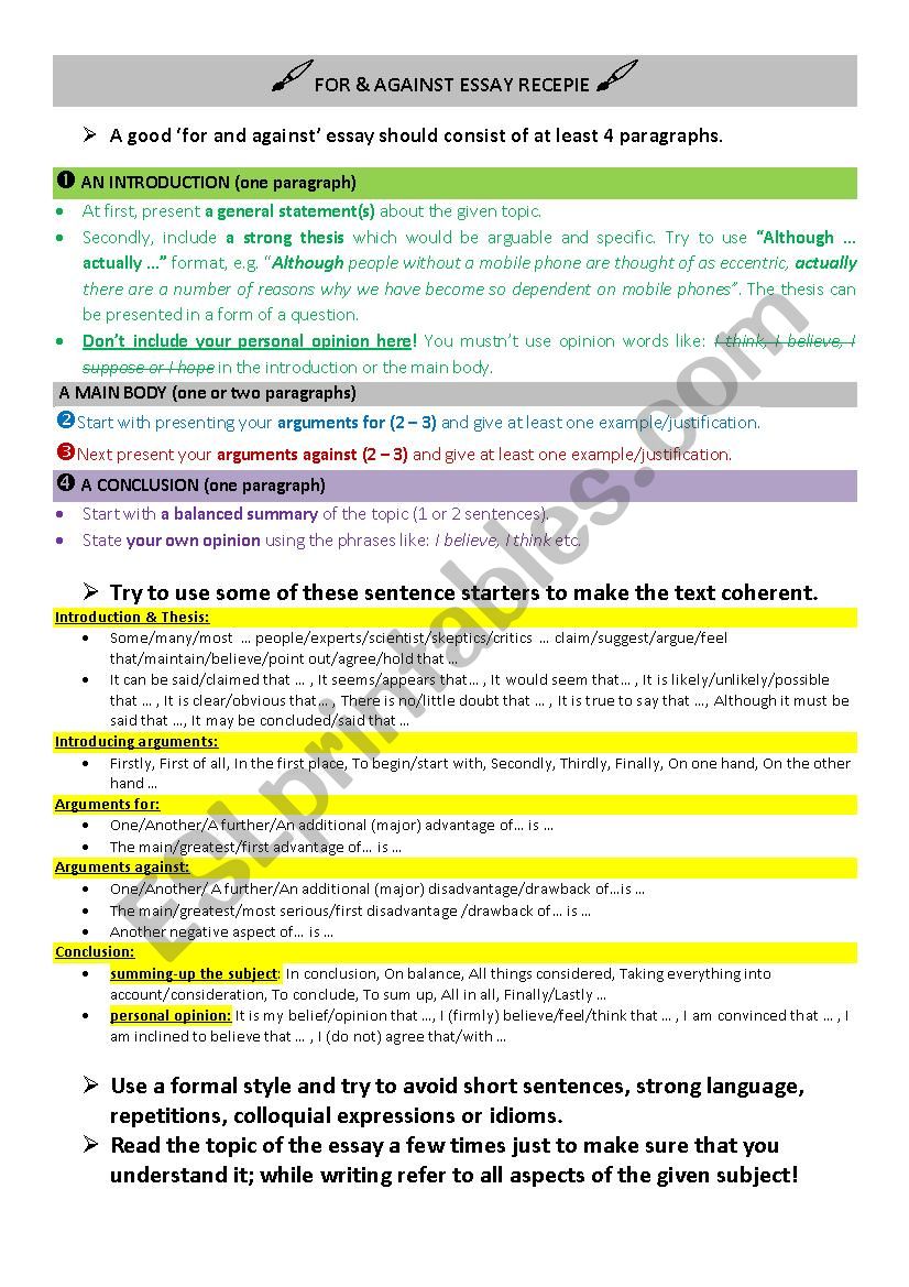 FOR & AGAINST ESSAY RECIPE worksheet