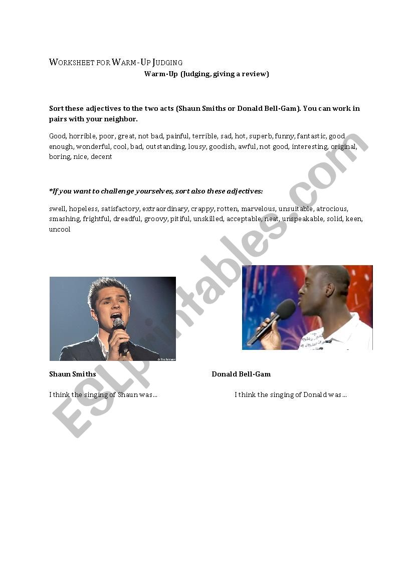 Britains got talent worksheet