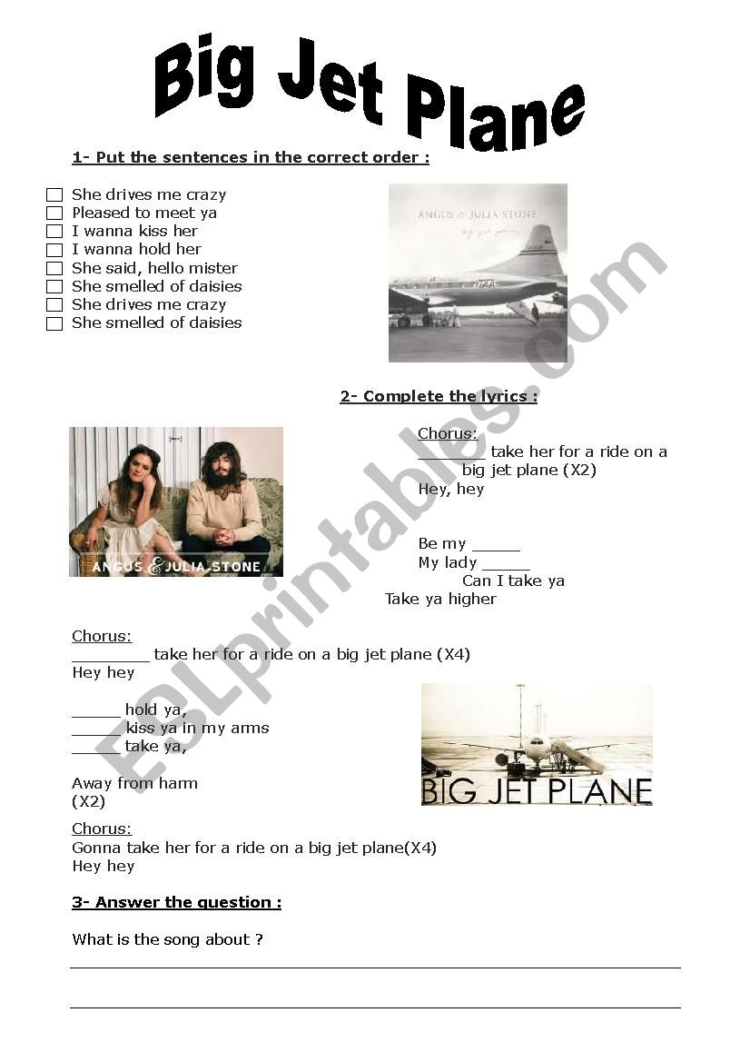 Song Big Jet Plane worksheet