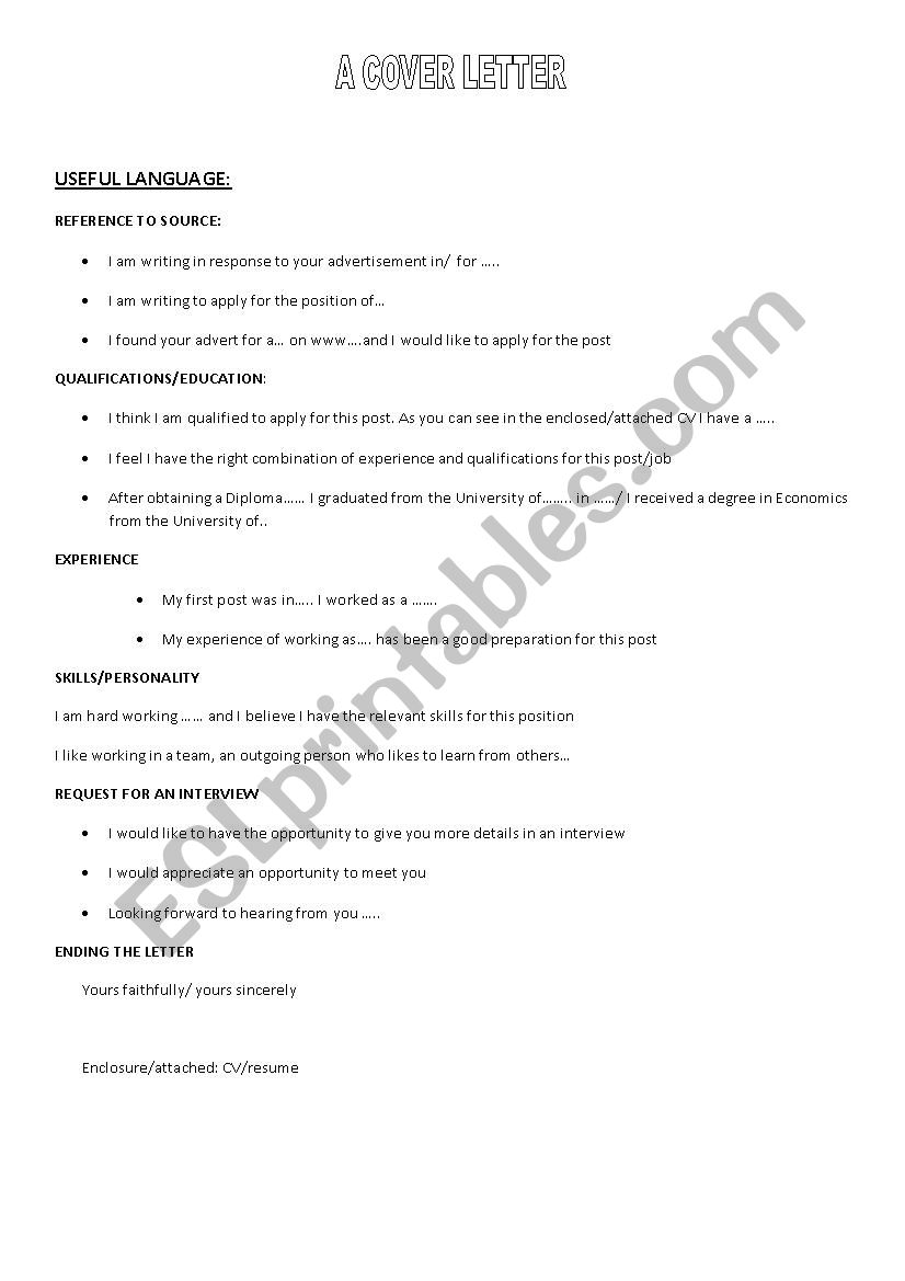 COVER LETTER  worksheet