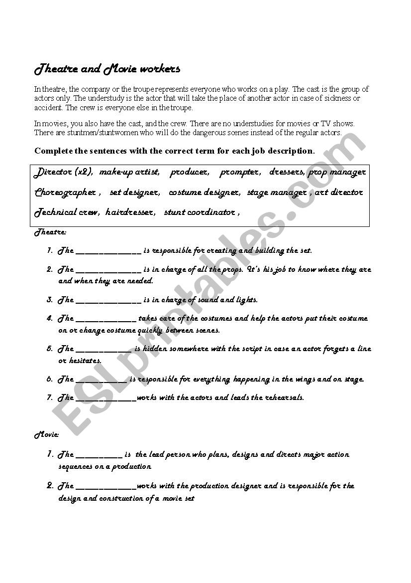 Movie Theatre Workers Esl Worksheet By Alyra3