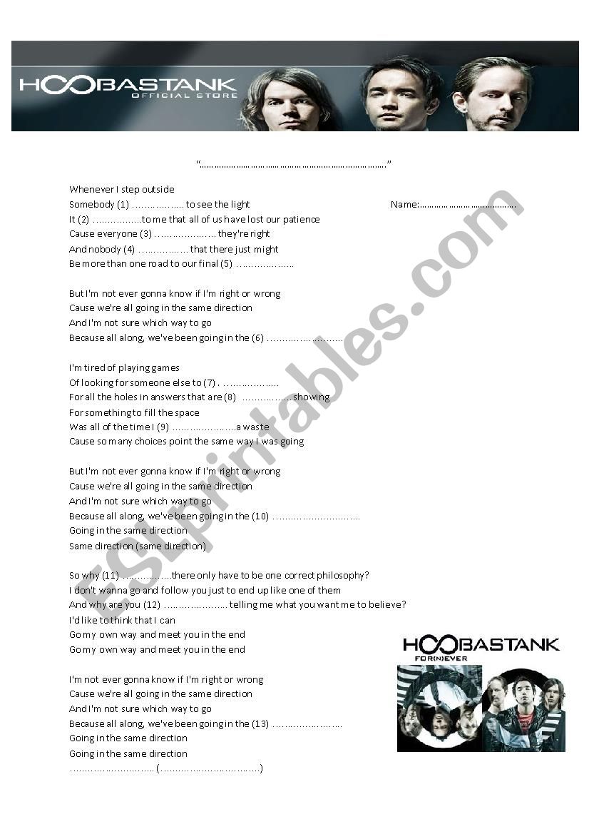 Hoobastank-Same Direction worksheet