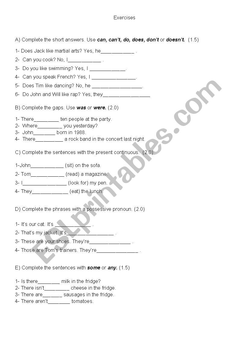 Exercises worksheet