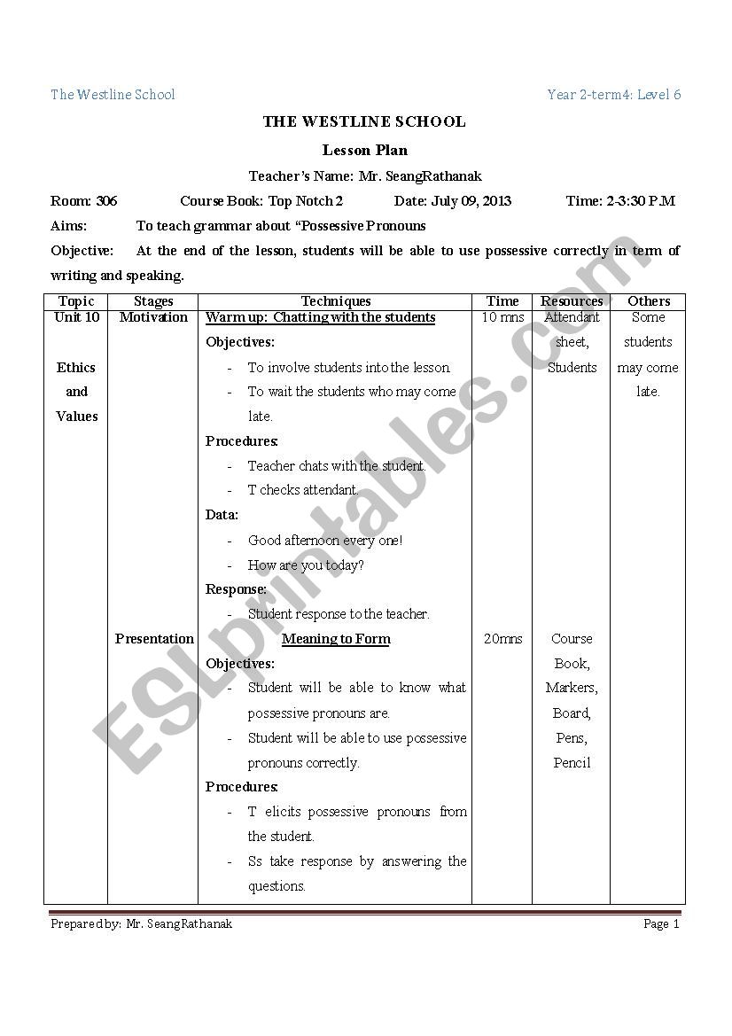 Possessive Pronoun worksheet