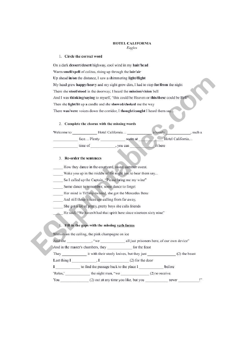 Hotel California worksheet