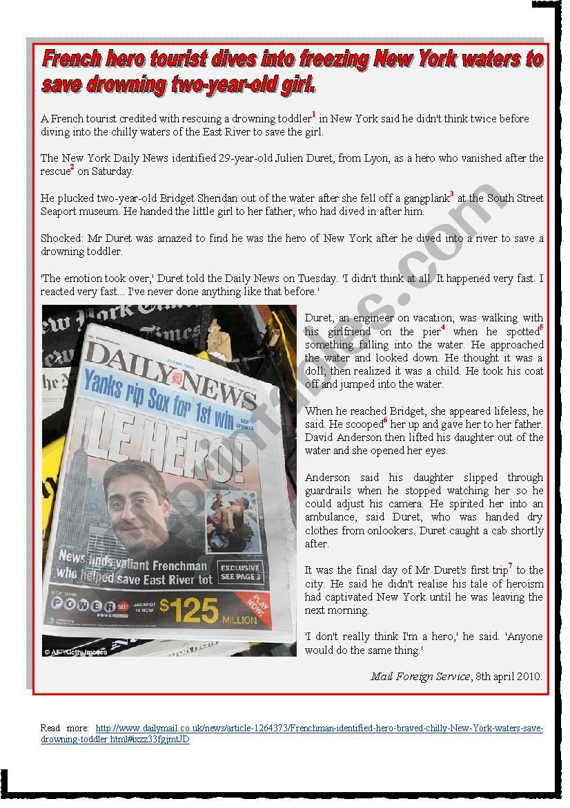 French hero tourist dives into NYÂ´s freezing waters READING + questions