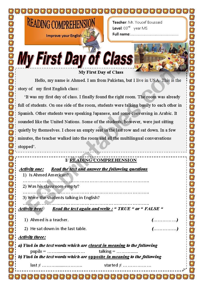 My First Day of Class worksheet