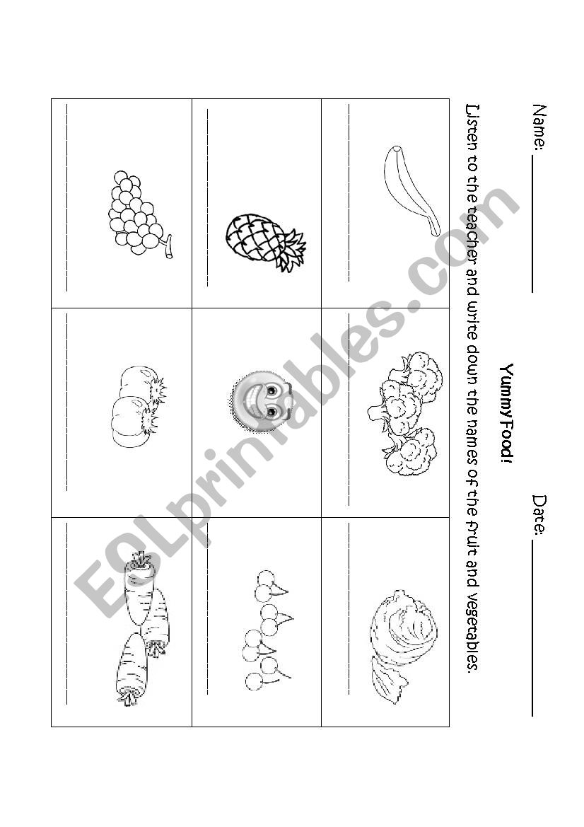 vegetables and fruit Bingo worksheet