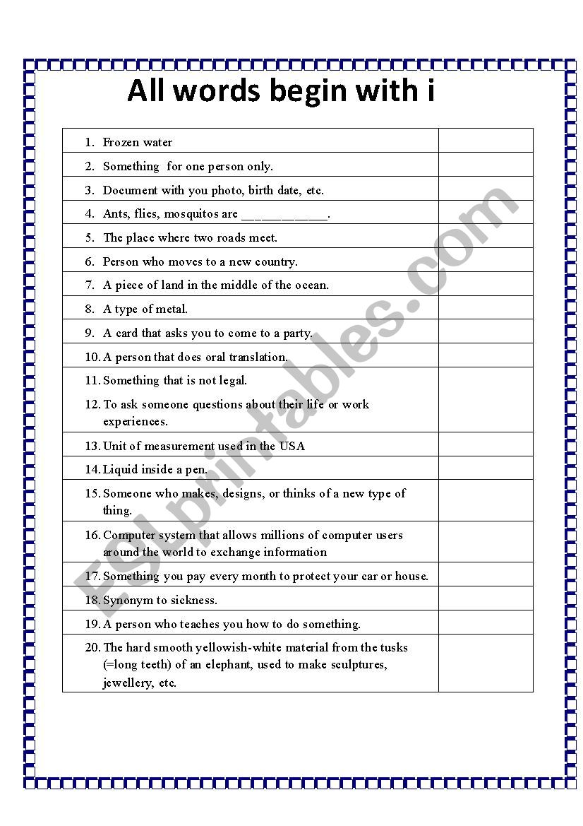 All the words start with i worksheet