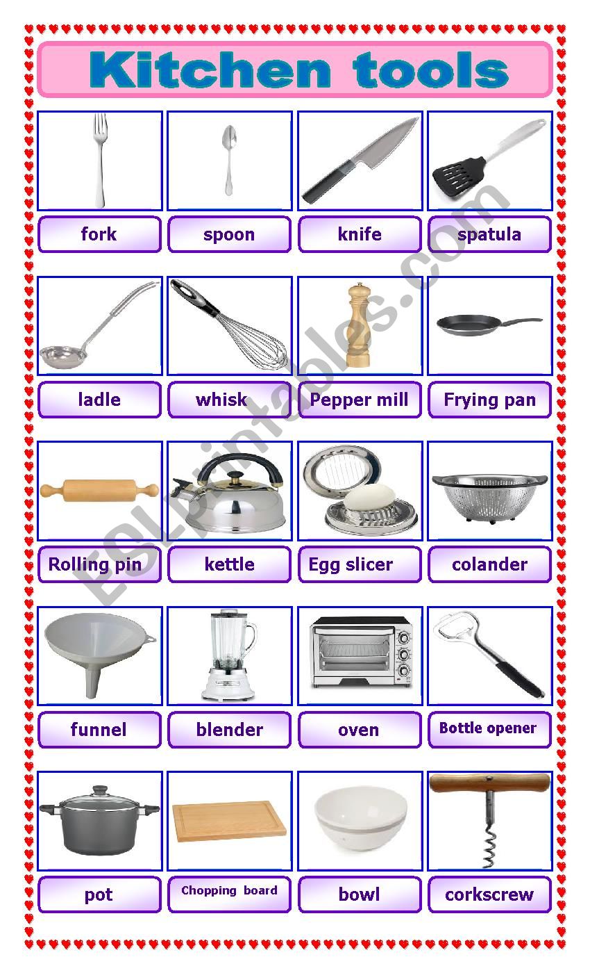 Kitchen tools pictionary worksheet