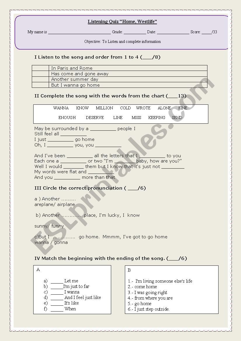 Home- Westlife worksheet