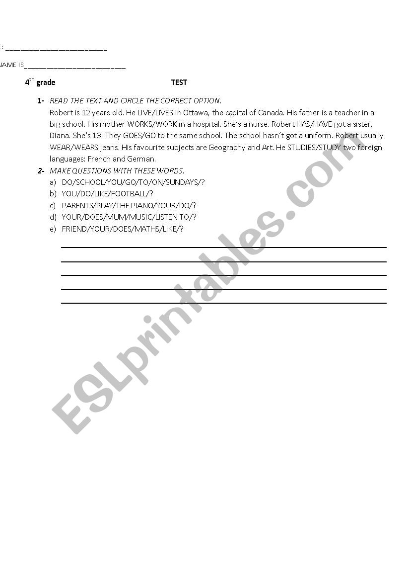 Simple Present Test worksheet