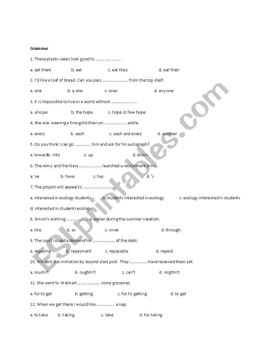 Grammar test worksheet