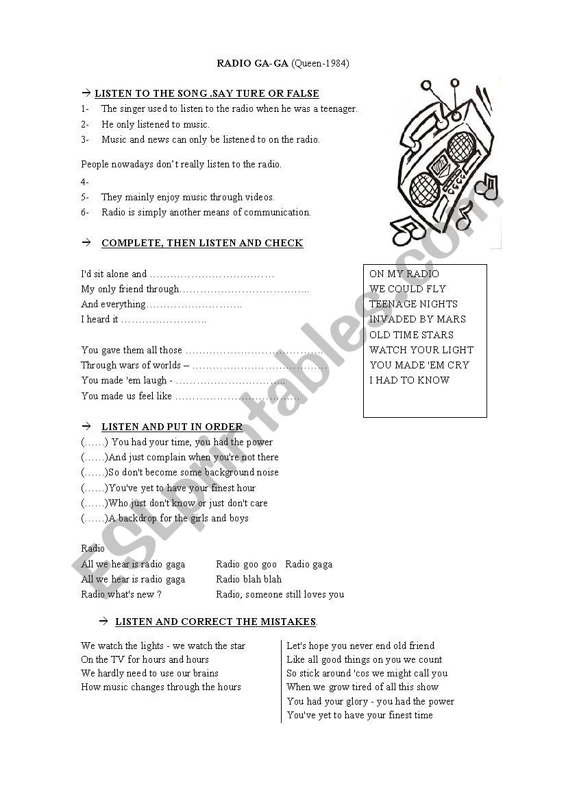 sONG RADIO GA GA  worksheet