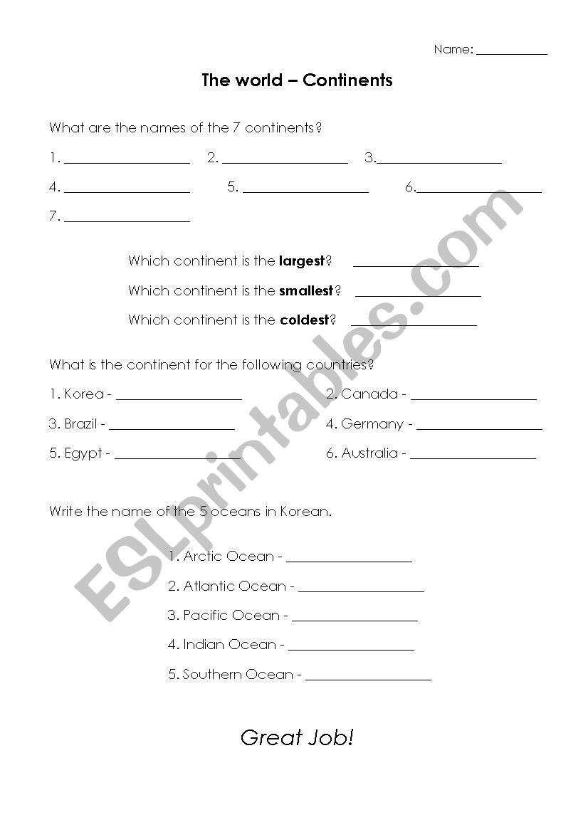 Continent worksheet worksheet