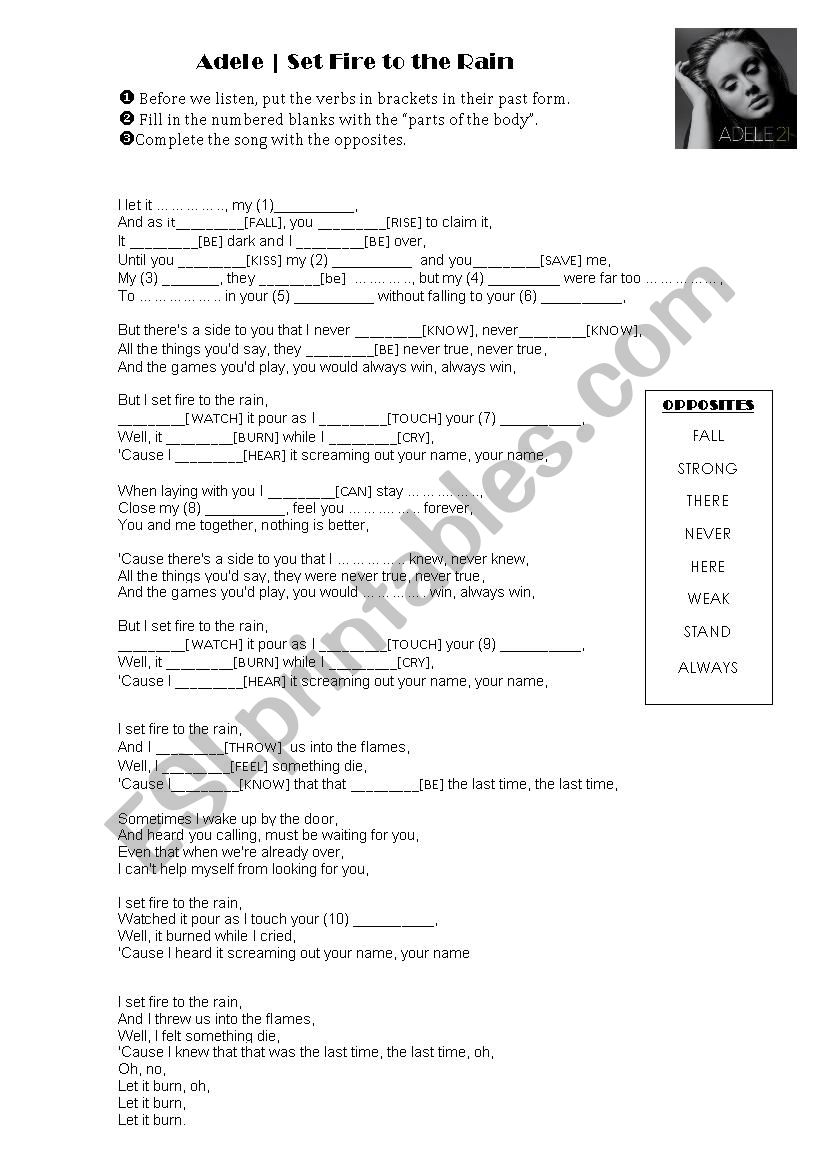 SET FIRE TO THE RAIN worksheet