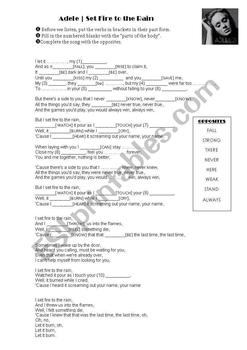 SET FIRE TO THE RAIN worksheet