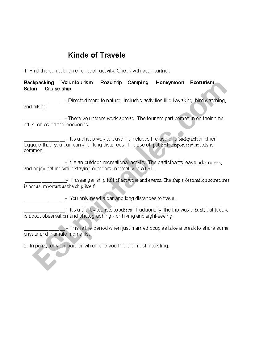 Kinds of travel worksheet