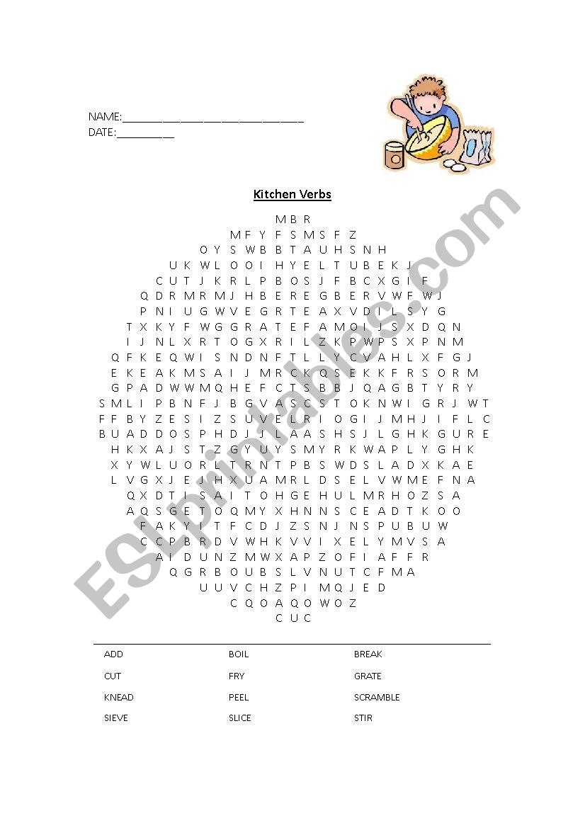 Kitchen Verbs Word Search worksheet