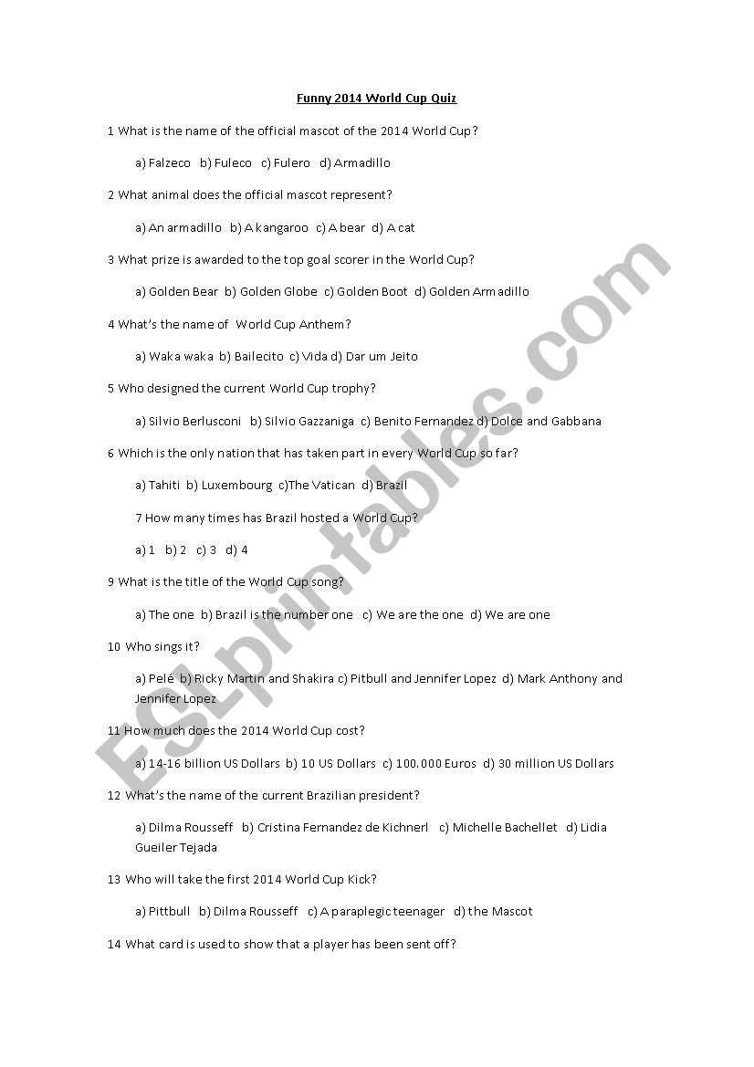 world cup quizz 2014 worksheet