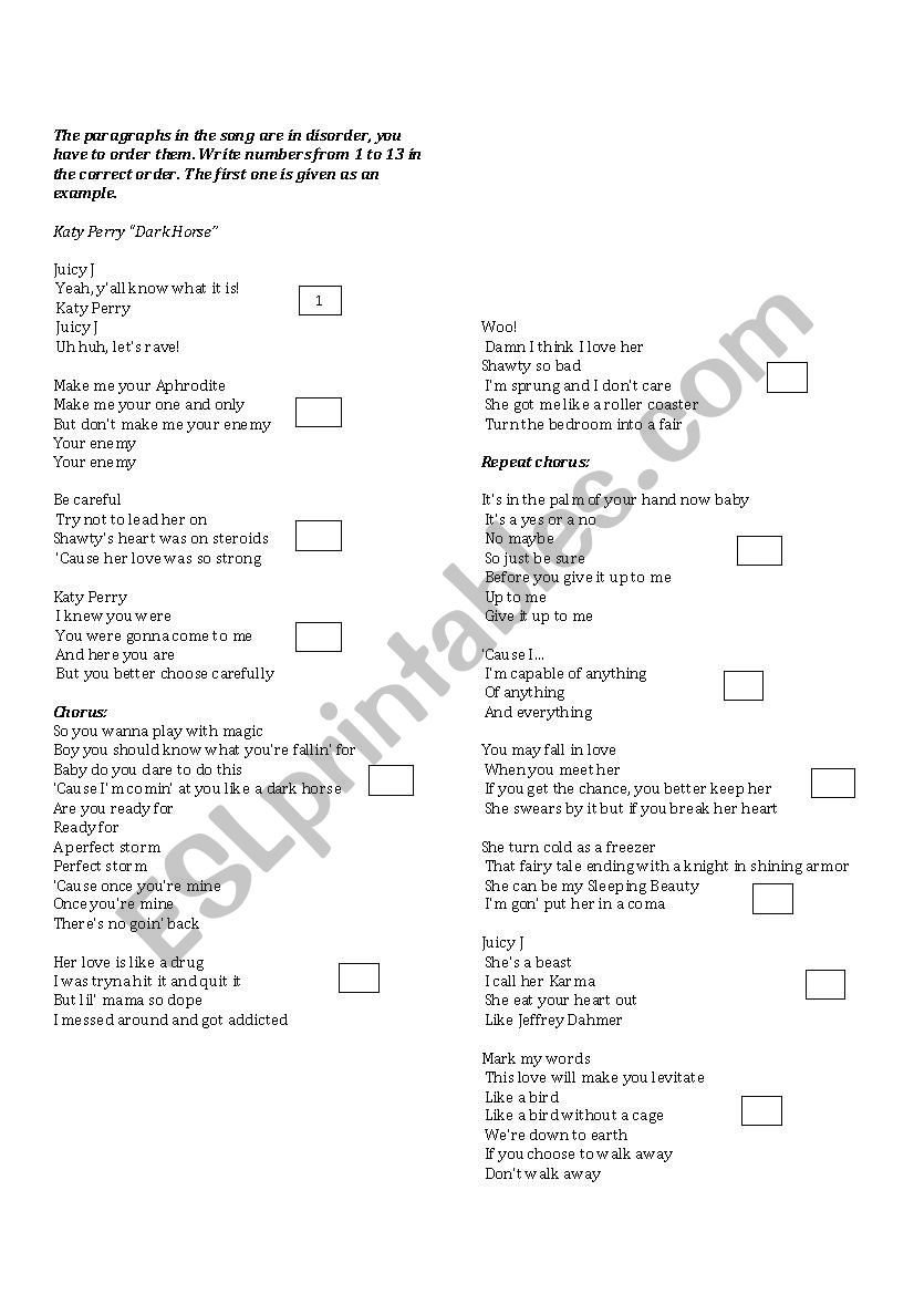 Katy Perry Dark Horse worksheet