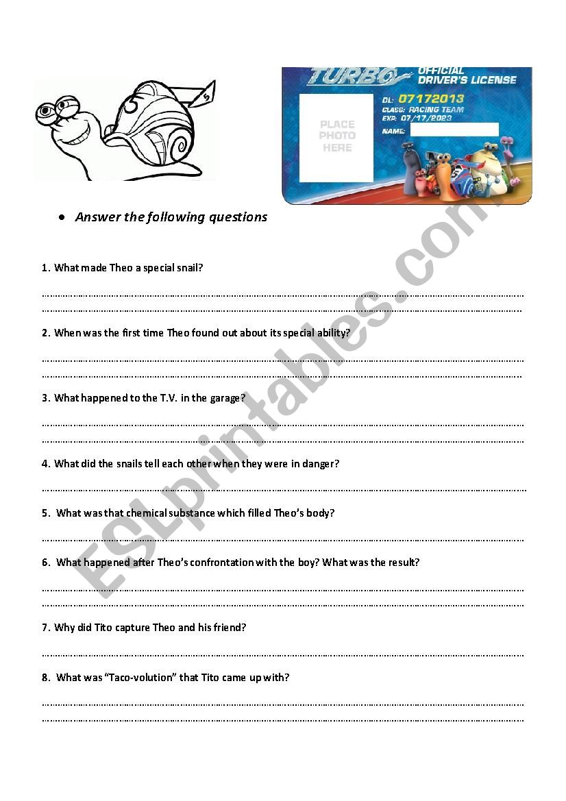 Turbo the movie worksheet