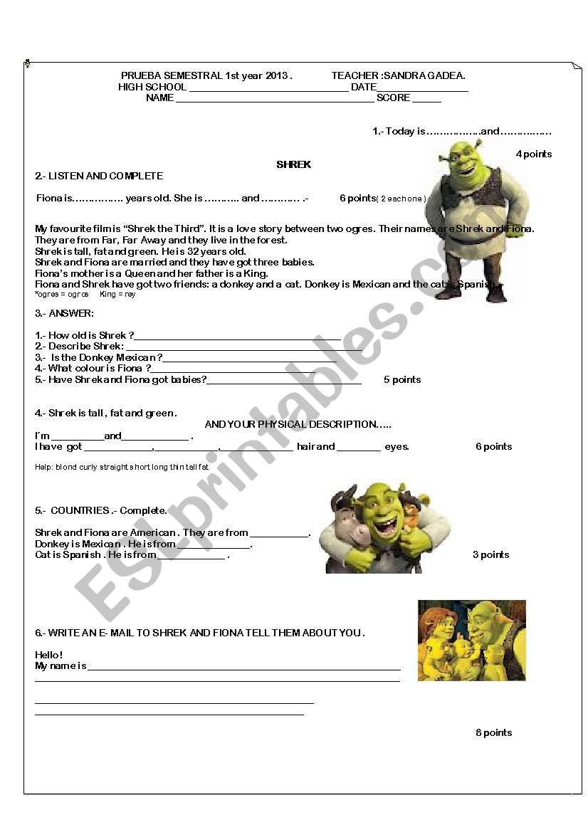 shrek and fiona evaluation worksheet