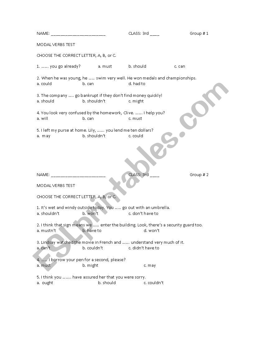 MODAL VERBS TEST worksheet