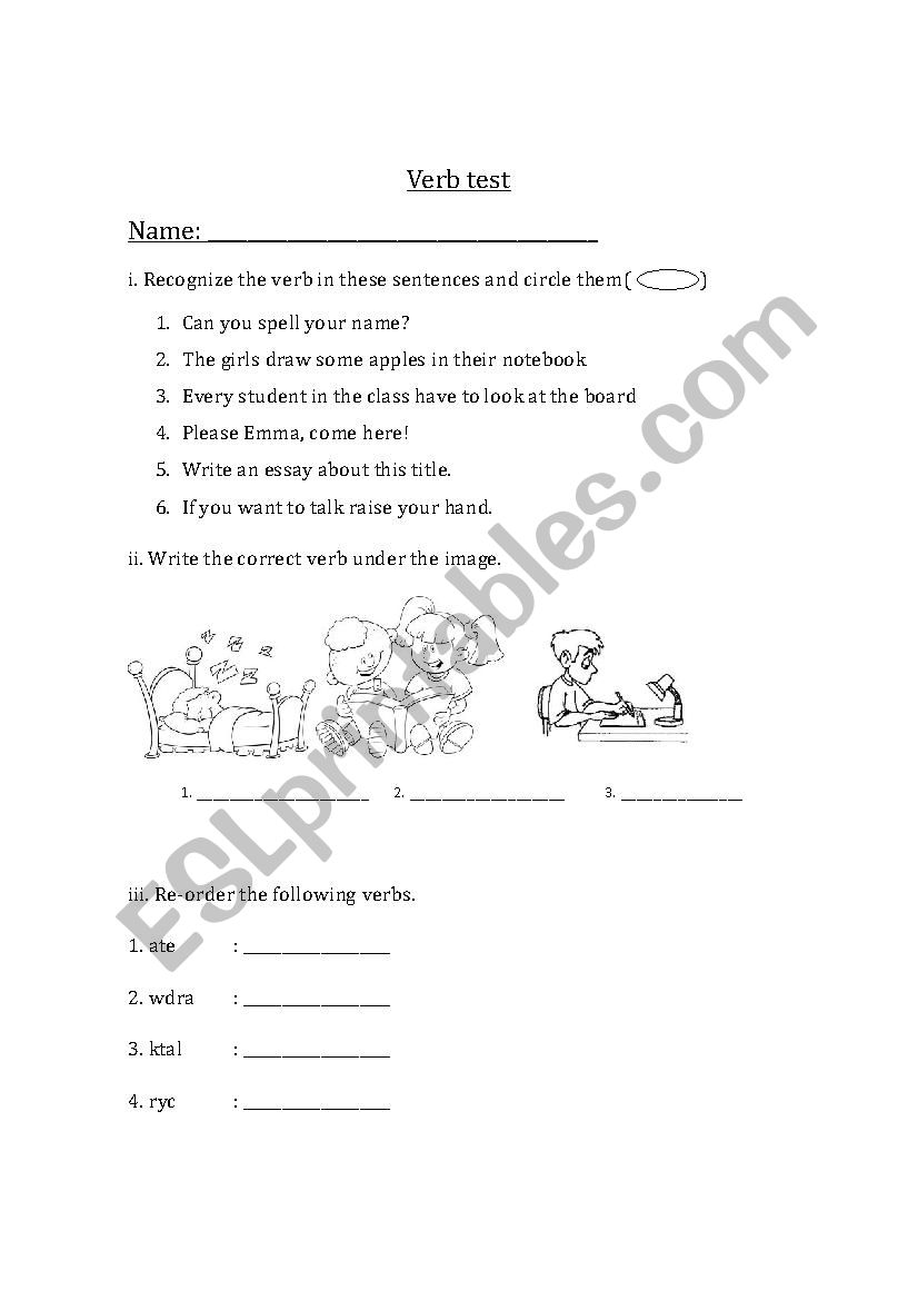 verb test  worksheet