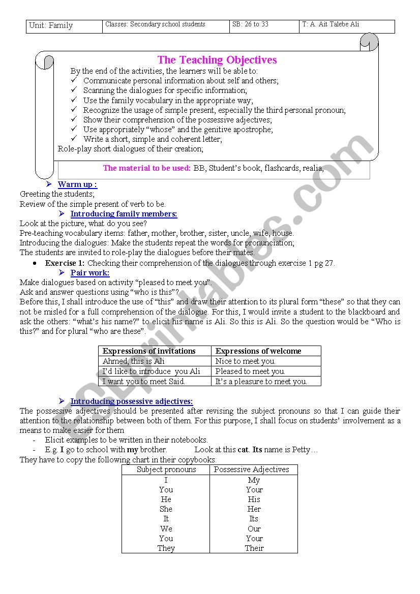 family unit lesson planning according to 