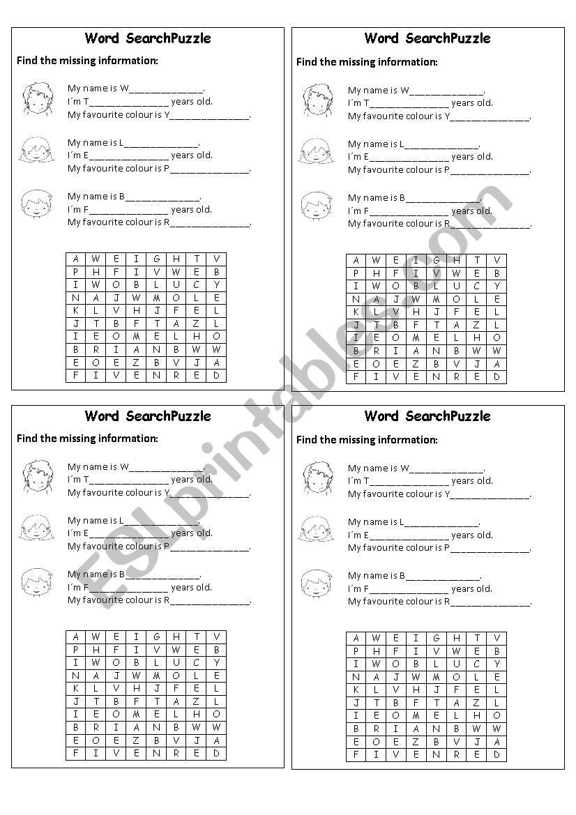 Word Search Puzzle (Names, Numbers & Colours)