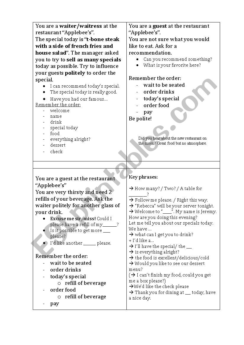 role cards at the restaurant worksheet