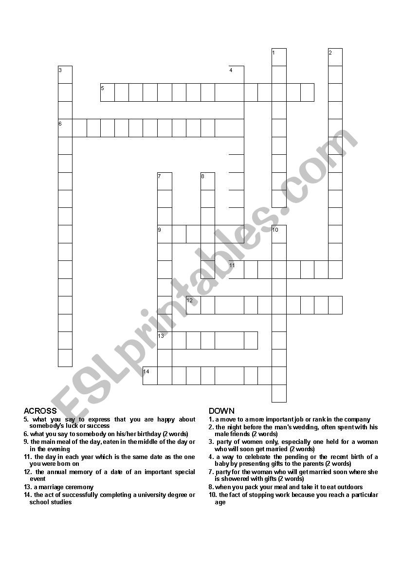 Events and Occasions Crossword Puzzle