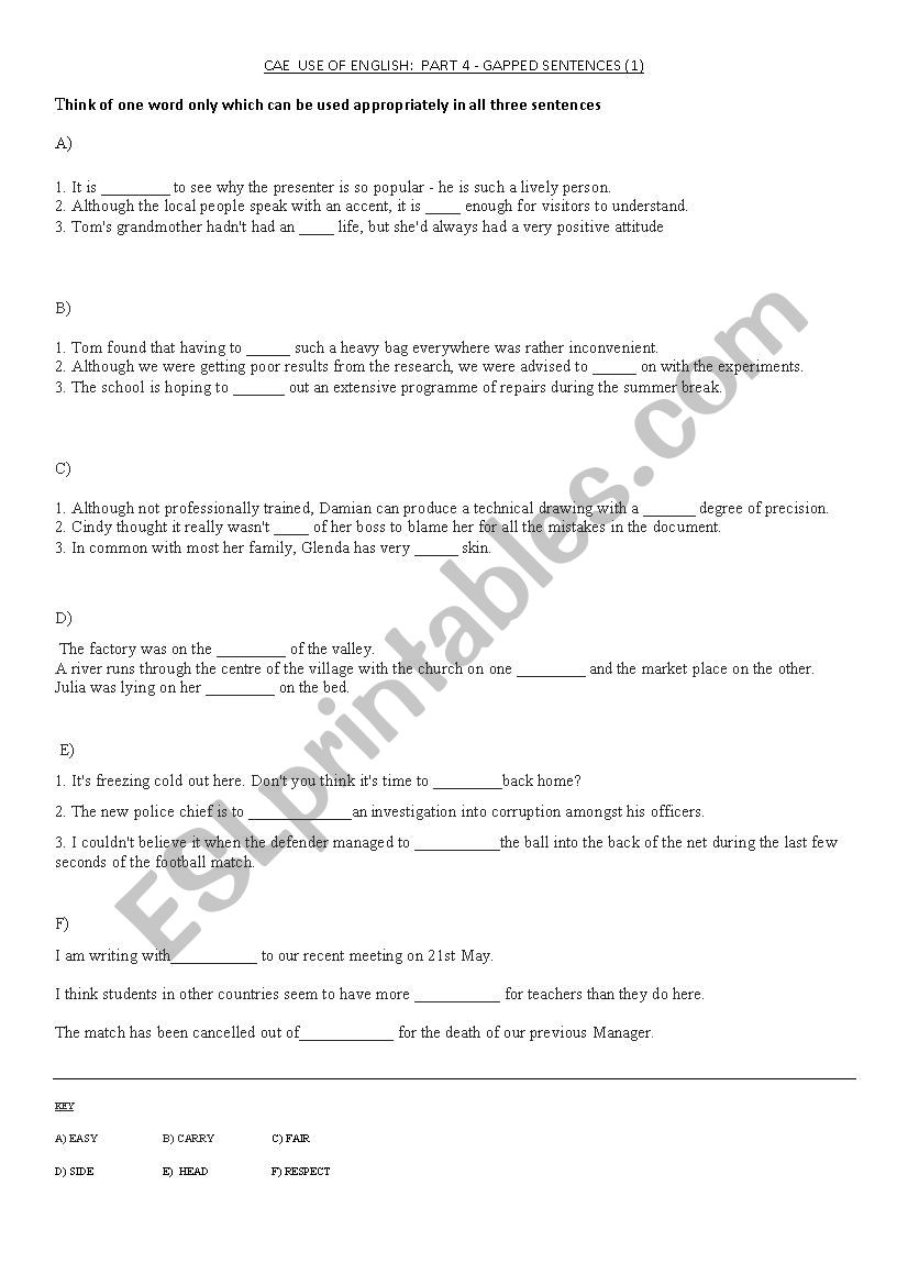 CAE  USE OF ENGLISH - GAPPED SENTENCES (1)